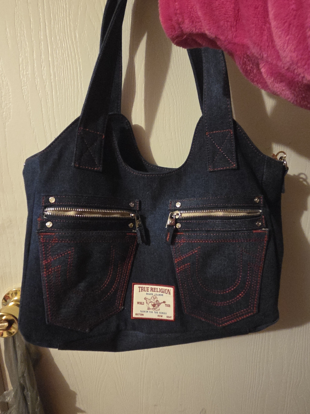 True Religion Indigo Denim Tote with Red Stitching